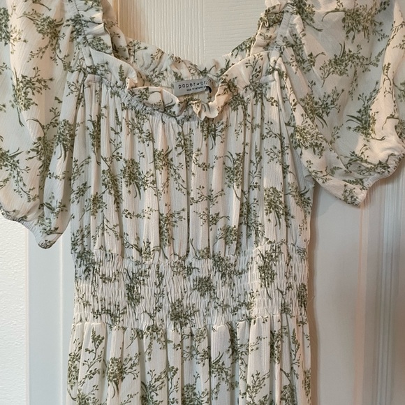 XS Paper Crane: Short Sleeve Floral Cottage Midi Sun Dress- Beige/Green Cottage - Picture 5 of 10
